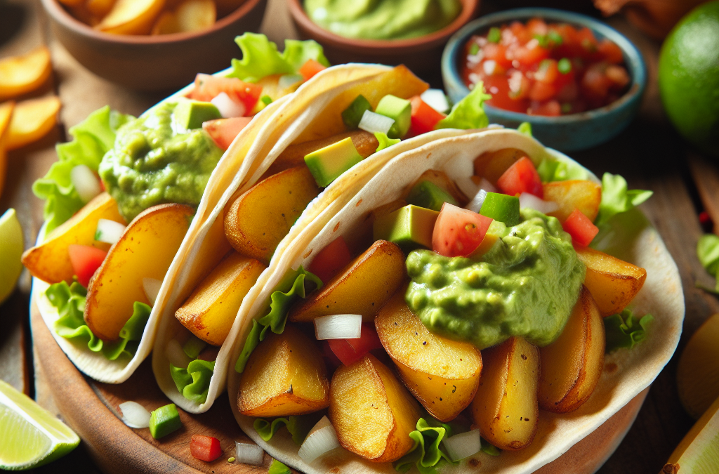 Tacos veganos de papa con crema de aguacate