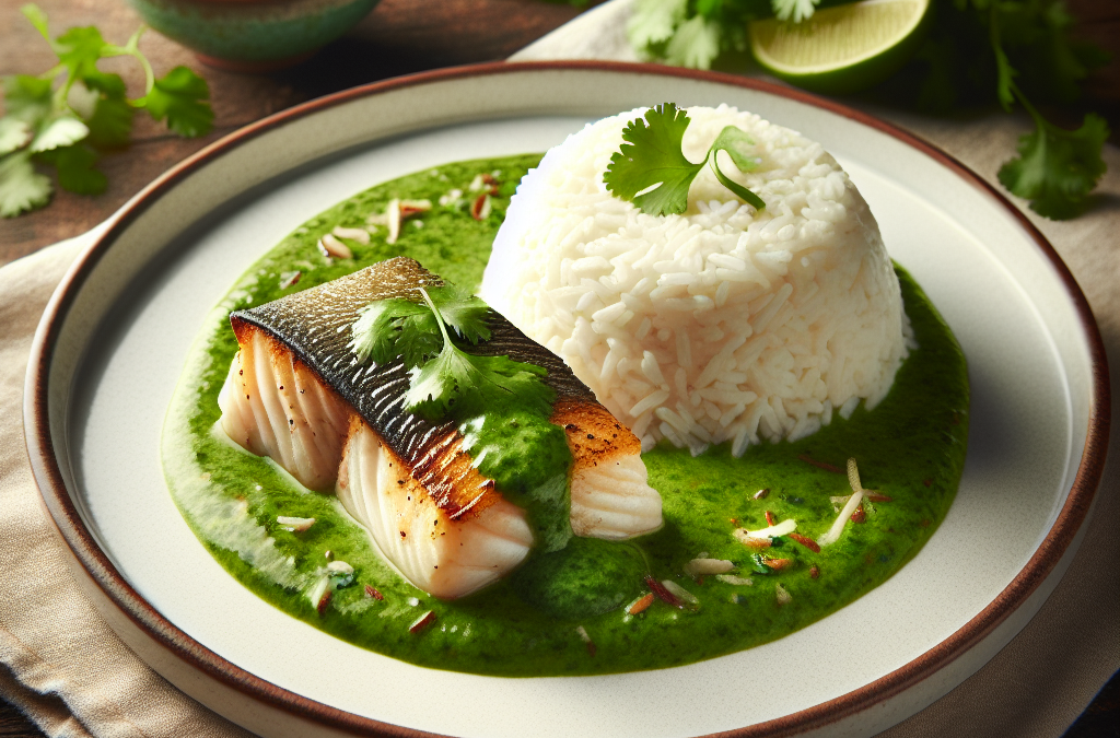 Pescado en salsa de cilantro con arroz