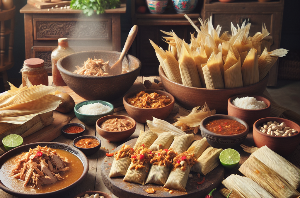 Tamales de pollo con salsa de cacahuate