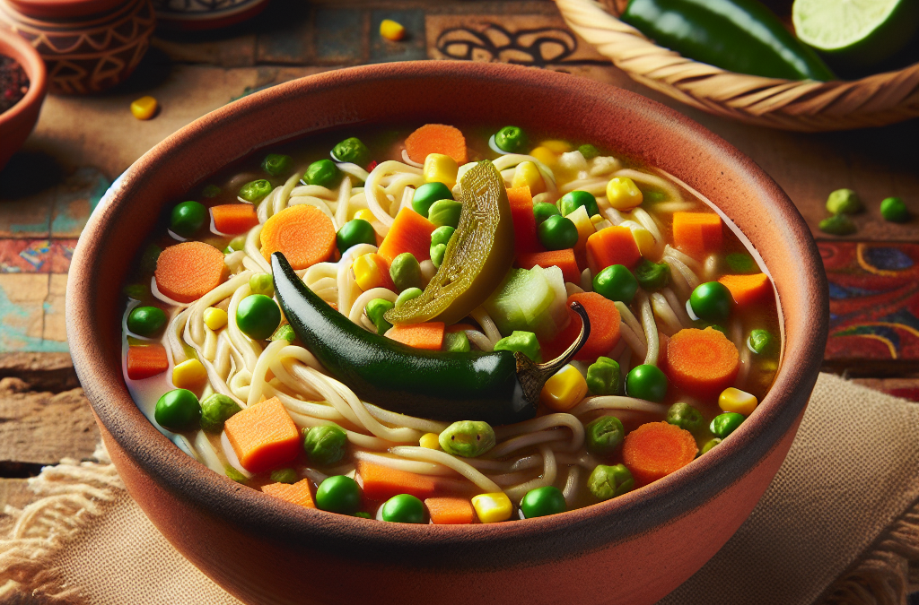 Fideo aguado con verduras y chile poblano