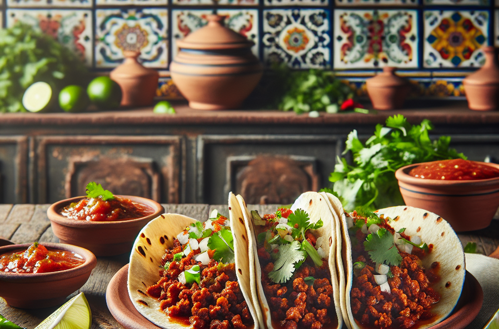 Tacos de carne molida con chile guajillo