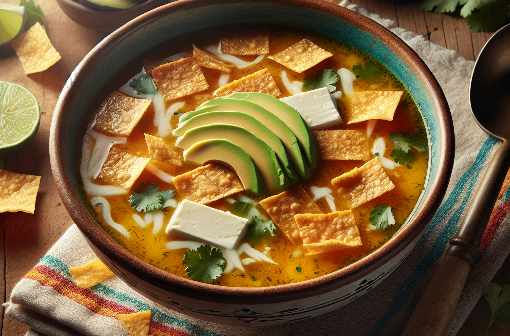 Sopa de tortillas con queso panela y aguacate