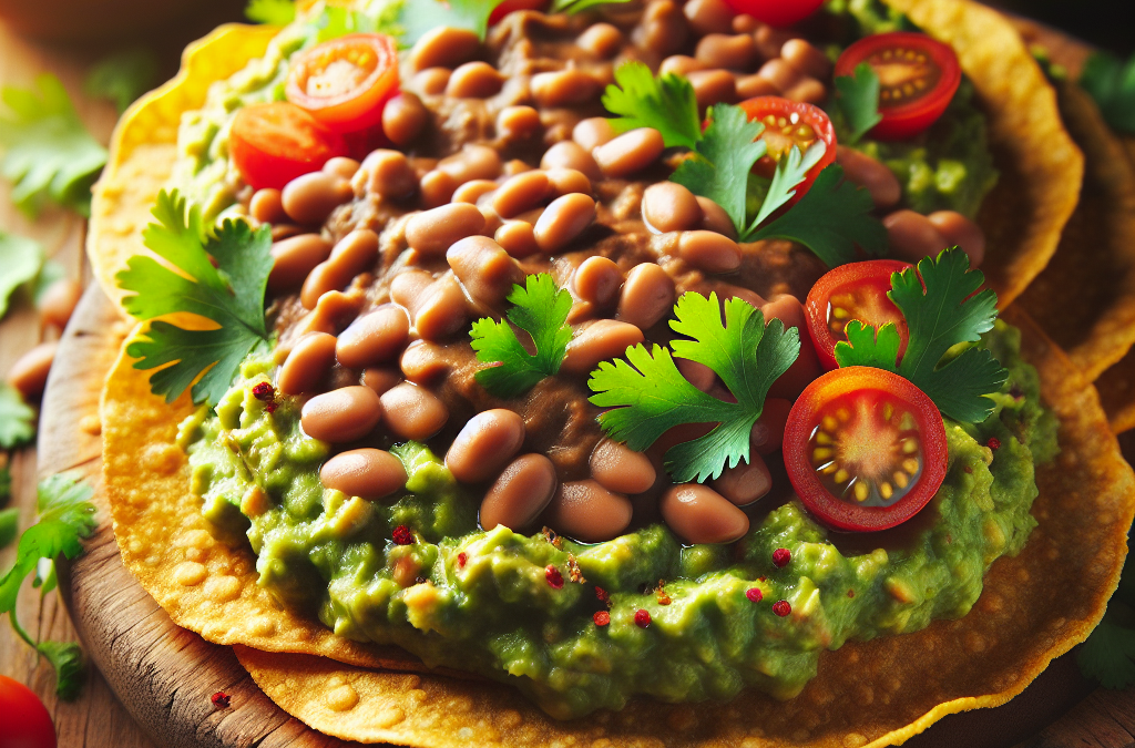 Tostadas veganas de guacamole con frijoles refritos