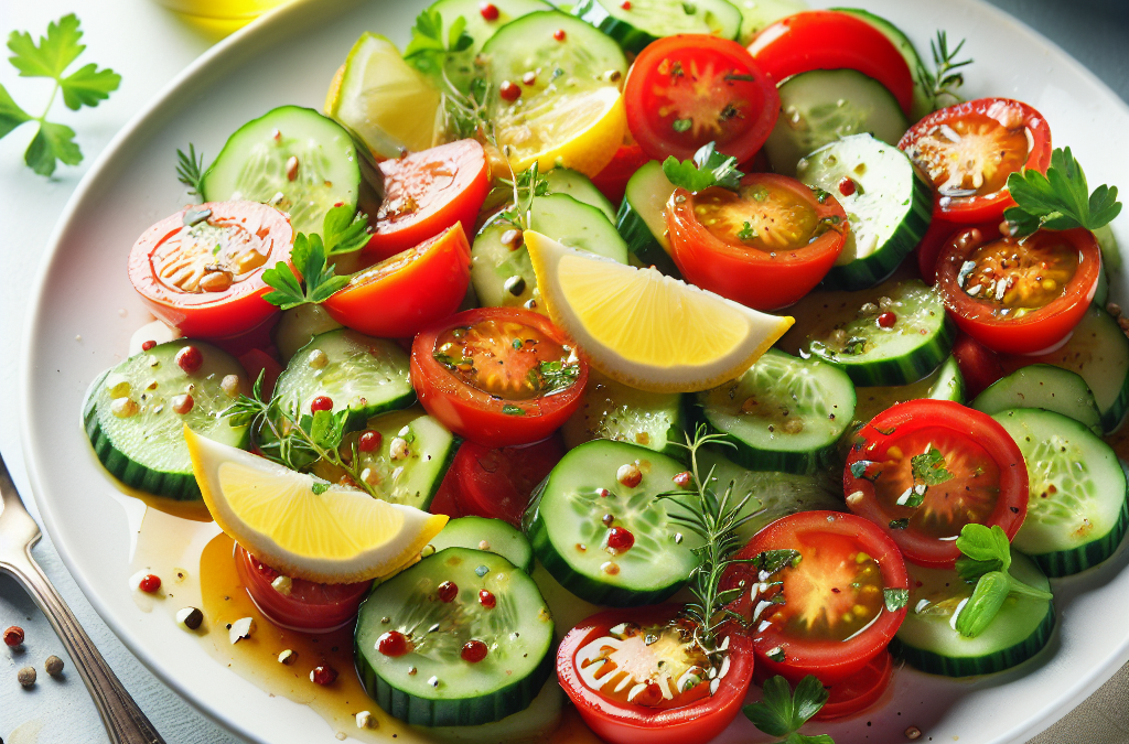 Ensalada de pepino y tomate con vinagreta de limón