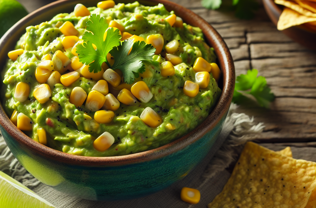 Guacamole con granos de elote y cilantro