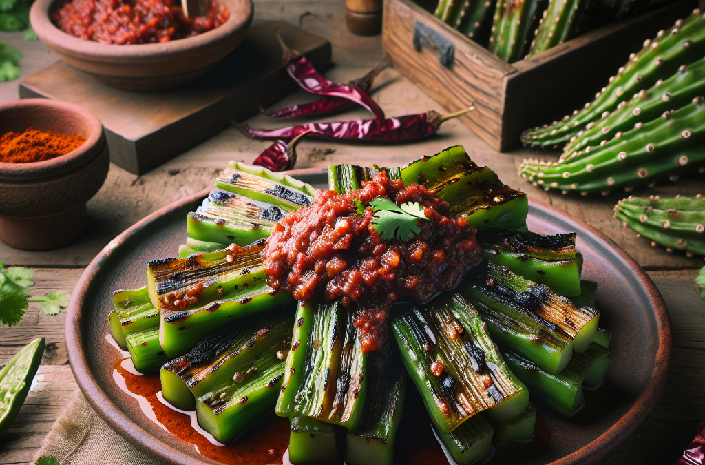 Nopales asados con salsa de chile morita.