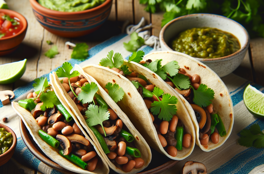 Tacos veganos de alubias y setas con cilantro