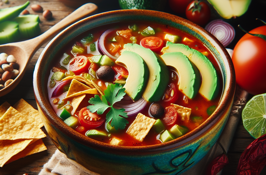 Sopa de tortilla vegana con aguacate