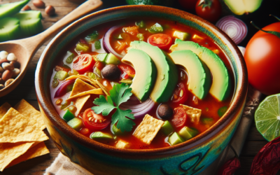 Sopa de tortilla vegana con aguacate