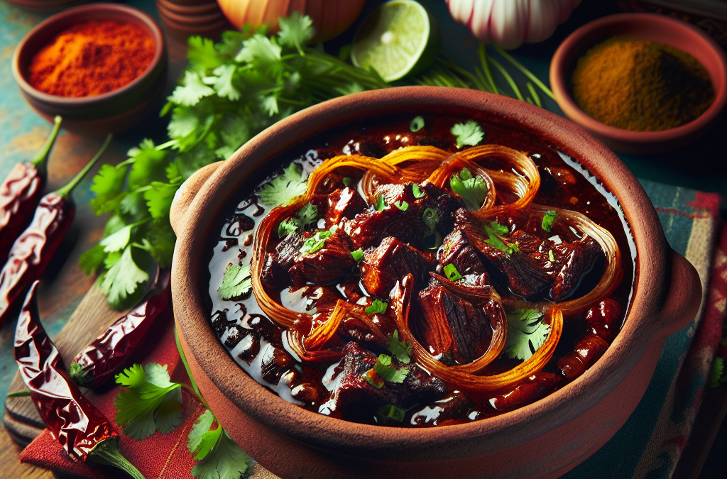 Guiso de carne asada con salsa de chile pasilla