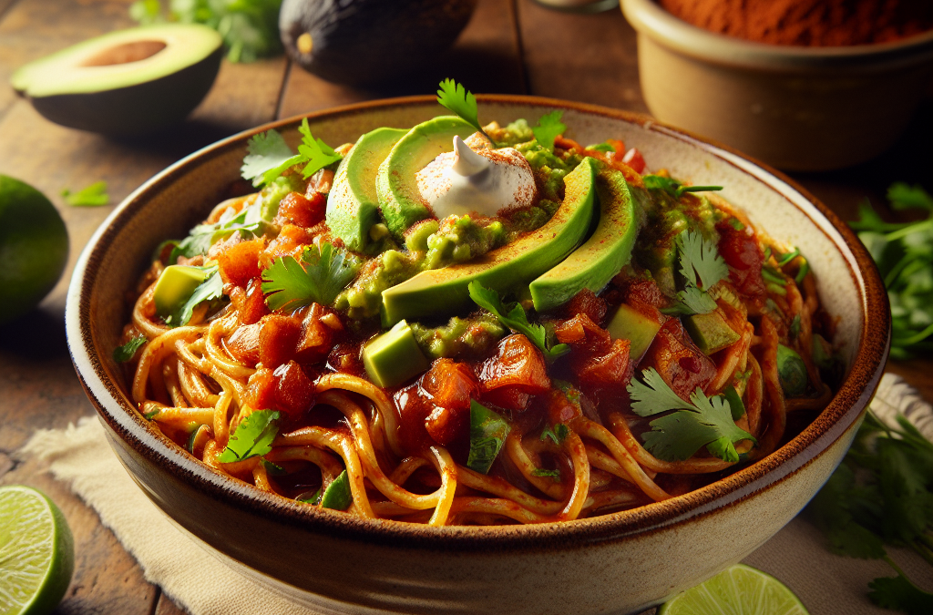 Fideo seco con salsa de tomatillo y aguacate.