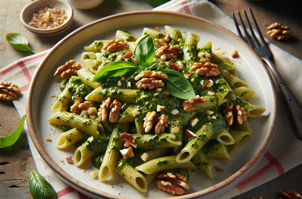 Pasta con salsa de chile poblano y nuez