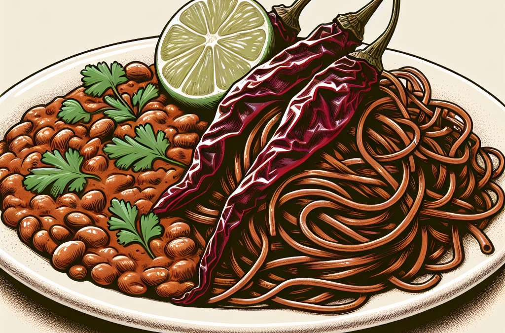 Fideo seco con frijoles y chile pasilla