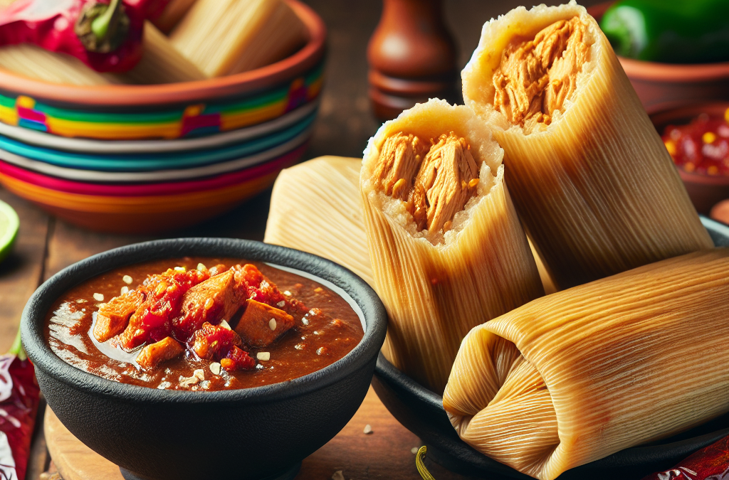 Tamales de pollo con salsa de chile pasilla