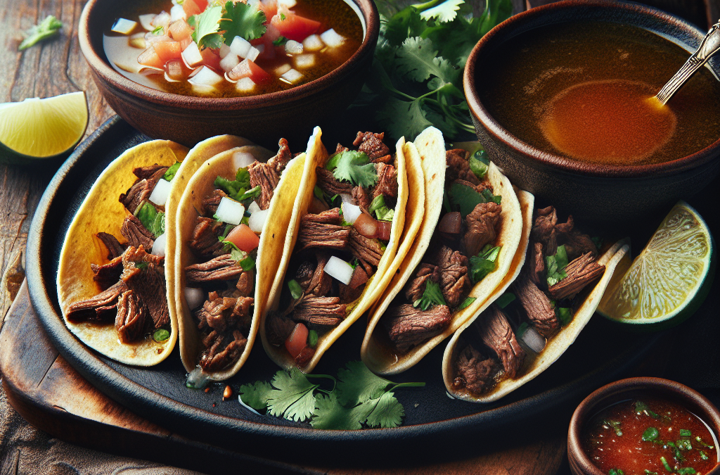 Tacos de barbacoa de borrego con consomé