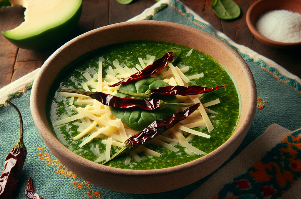 Sopa de espinacas con queso y chile pasilla