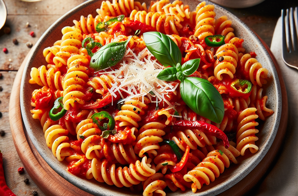 Pasta de tornillos con salsa de tres chiles