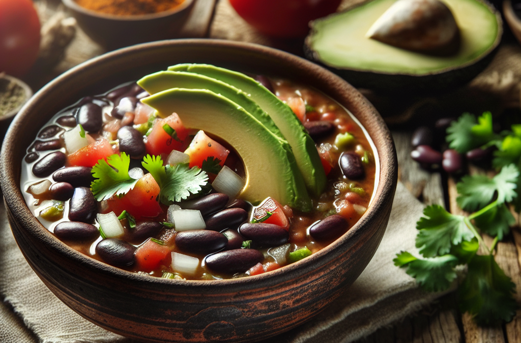 Sopa de frijoles negros con aguacate