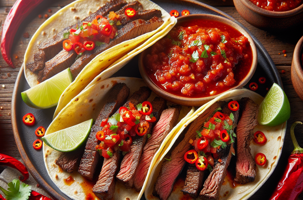 Tacos de bistec con salsa de chile morita