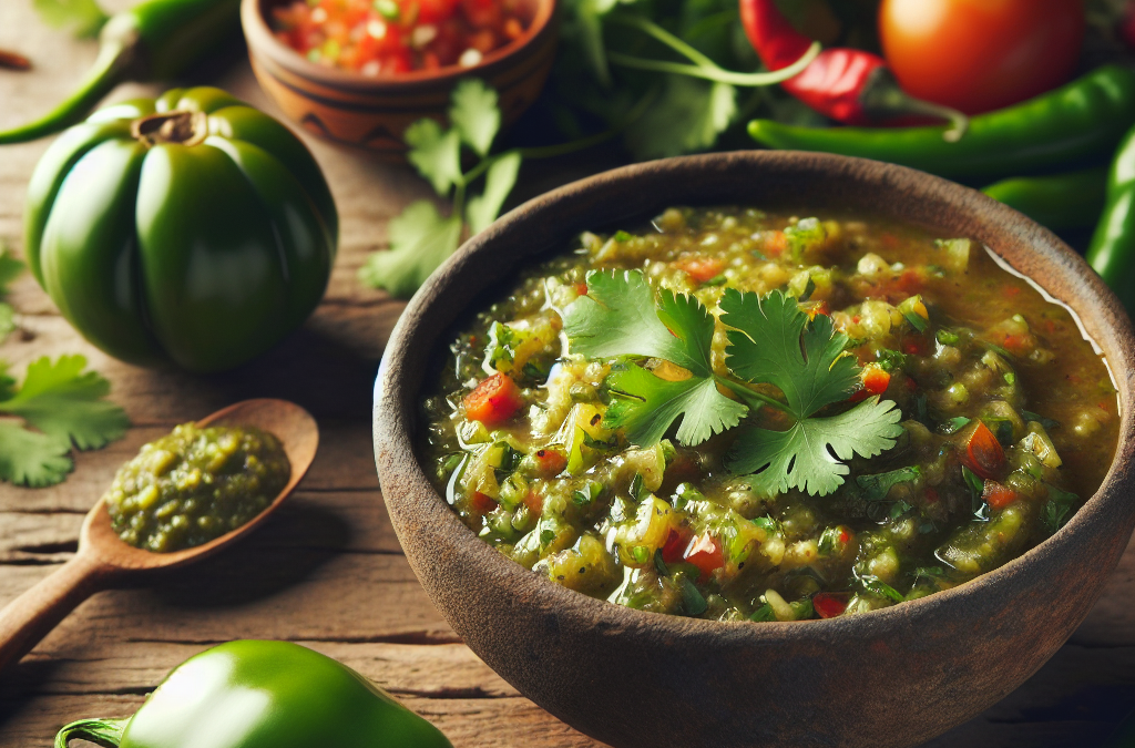 Salsa de tomatillo con chile piquín y cilantro.