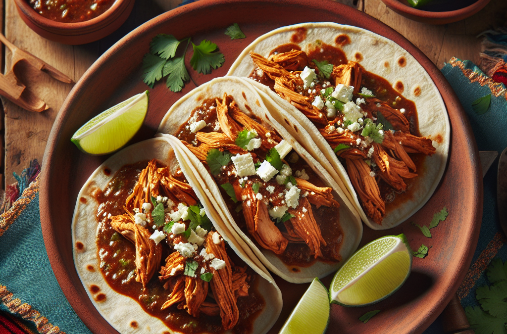 Tacos de mole poblano con pollo deshebrado