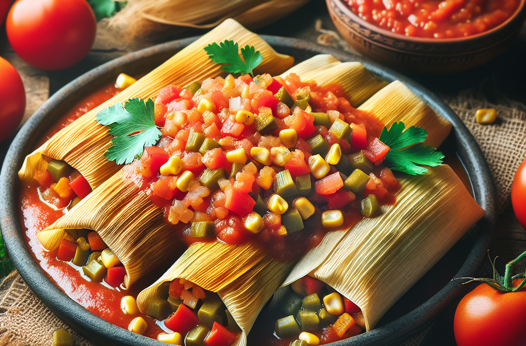 Tamales de verduras con salsa de jitomate